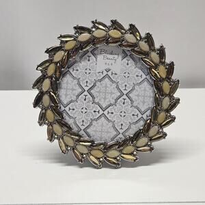 Blushing Beauty Jeweled Photo Frame Round Brown Cream Holds 4x4 Photo Boho Chic